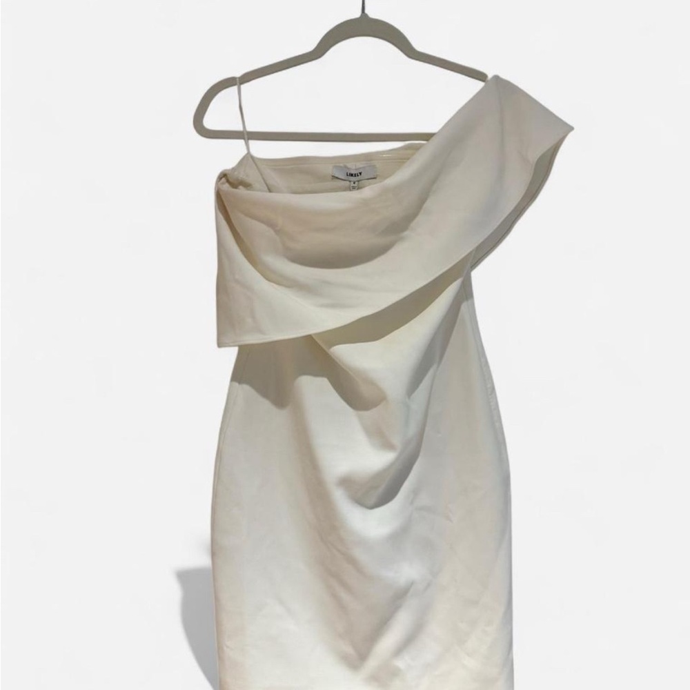 Likely Cream Asymmetrical Draped One Shoulder Dress